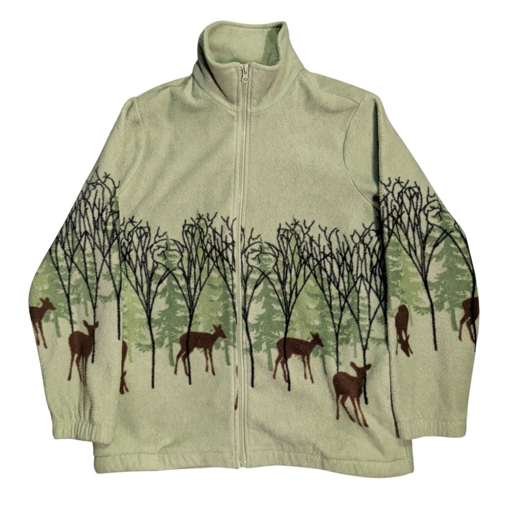 Vintage Blair Deer Fleece Jacket Womens Size M Nature Trees Green All Over Print